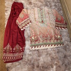 Ethnc 2 piece suit with shalwar Elegant Red and Beige Embroidered Outfit